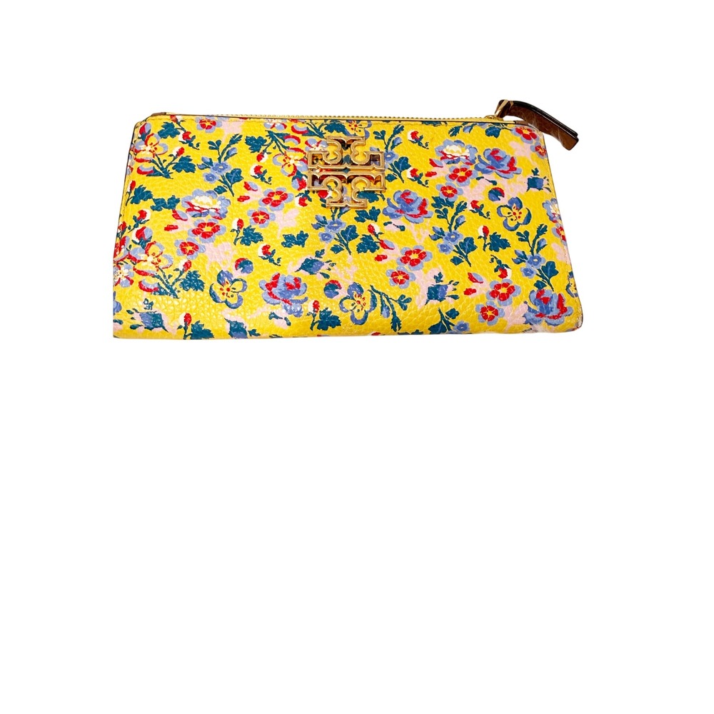 Tory Burch Yellow Floral Pebbled Leather Slim Envelope Wallet Gold Logo